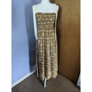 August Sky Women Smocked Faux Tie Strap Sea Print Maxi Ruched Vacay Dress Size L